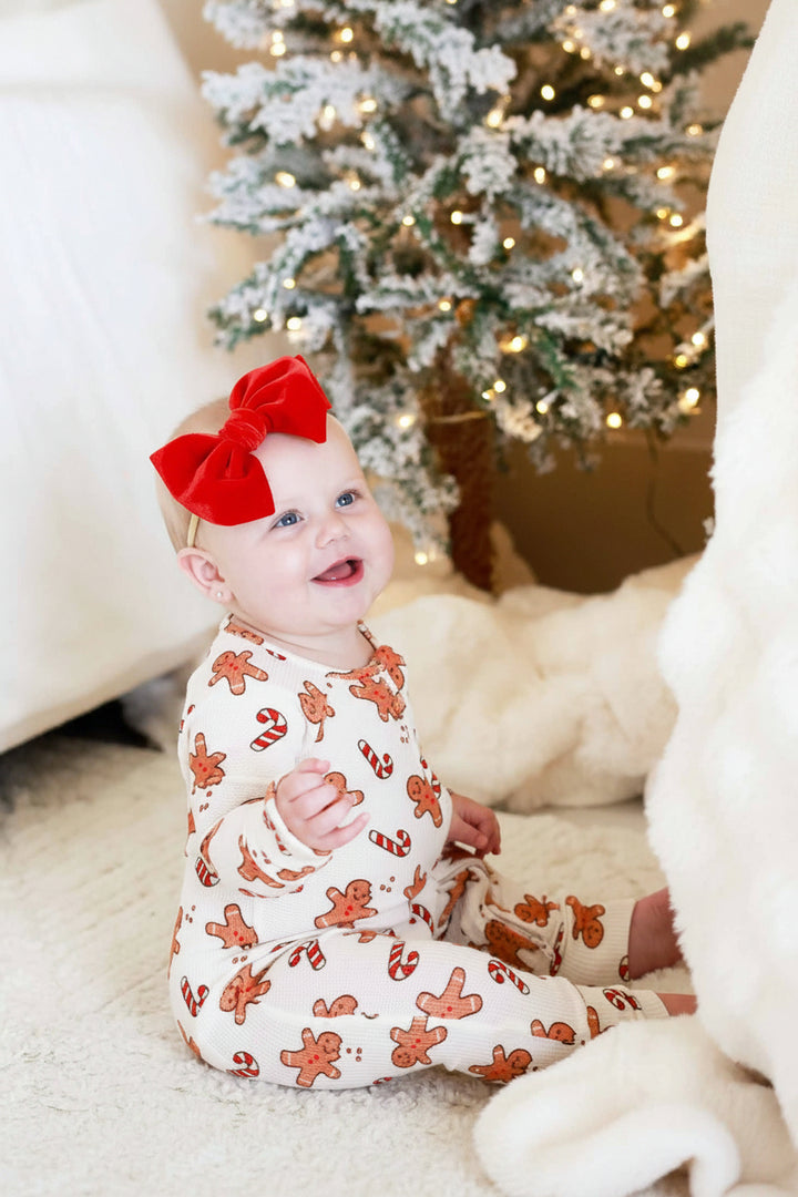 christmas convertible zip romper pajama with gingerbread men and candy canes 