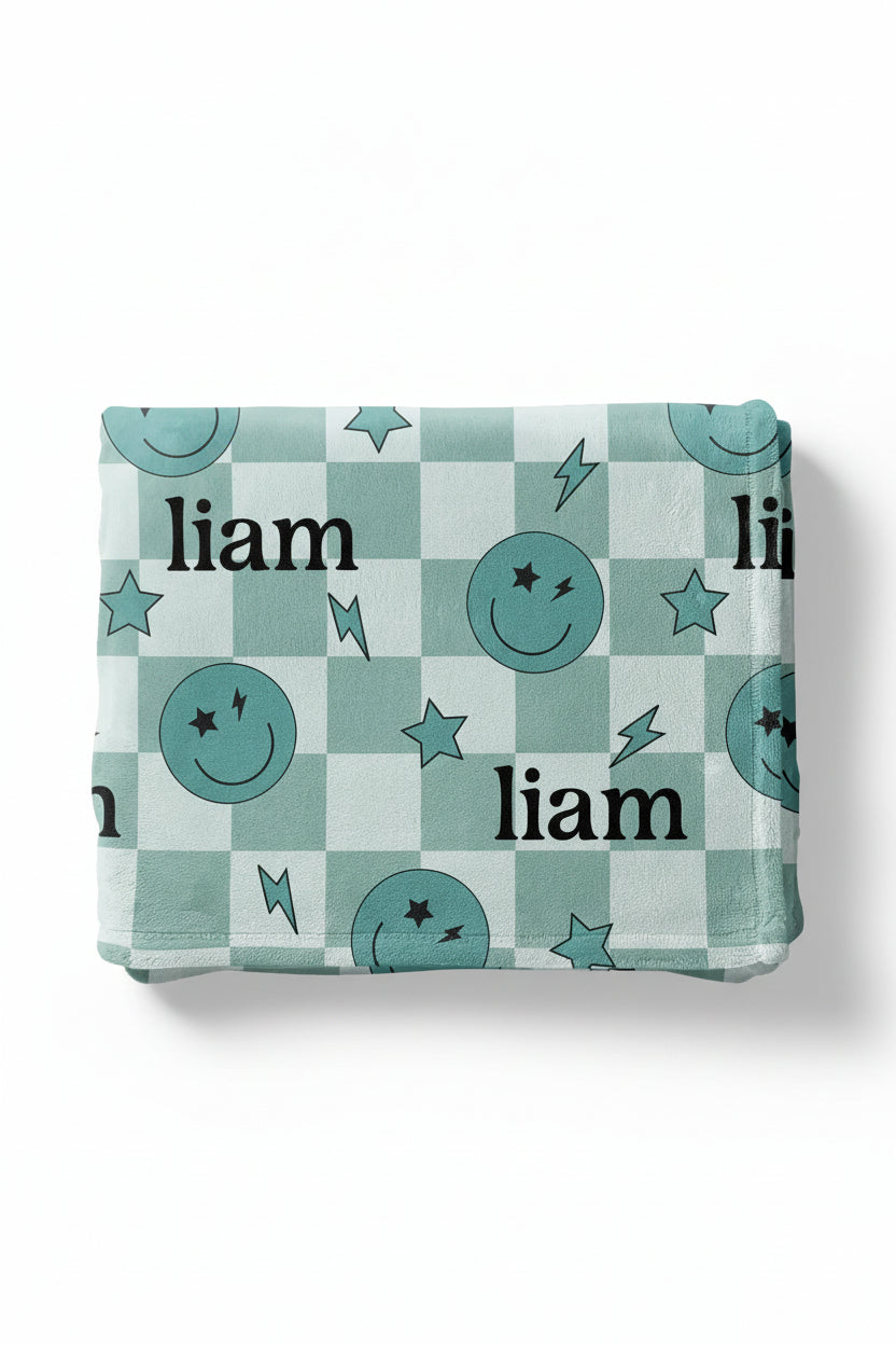 green checkered smiley face personalized blanket 