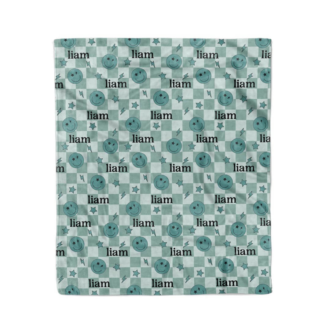 personalized kids blanket green with smiley faces 