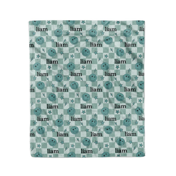 personalized kids blanket green with smiley faces 
