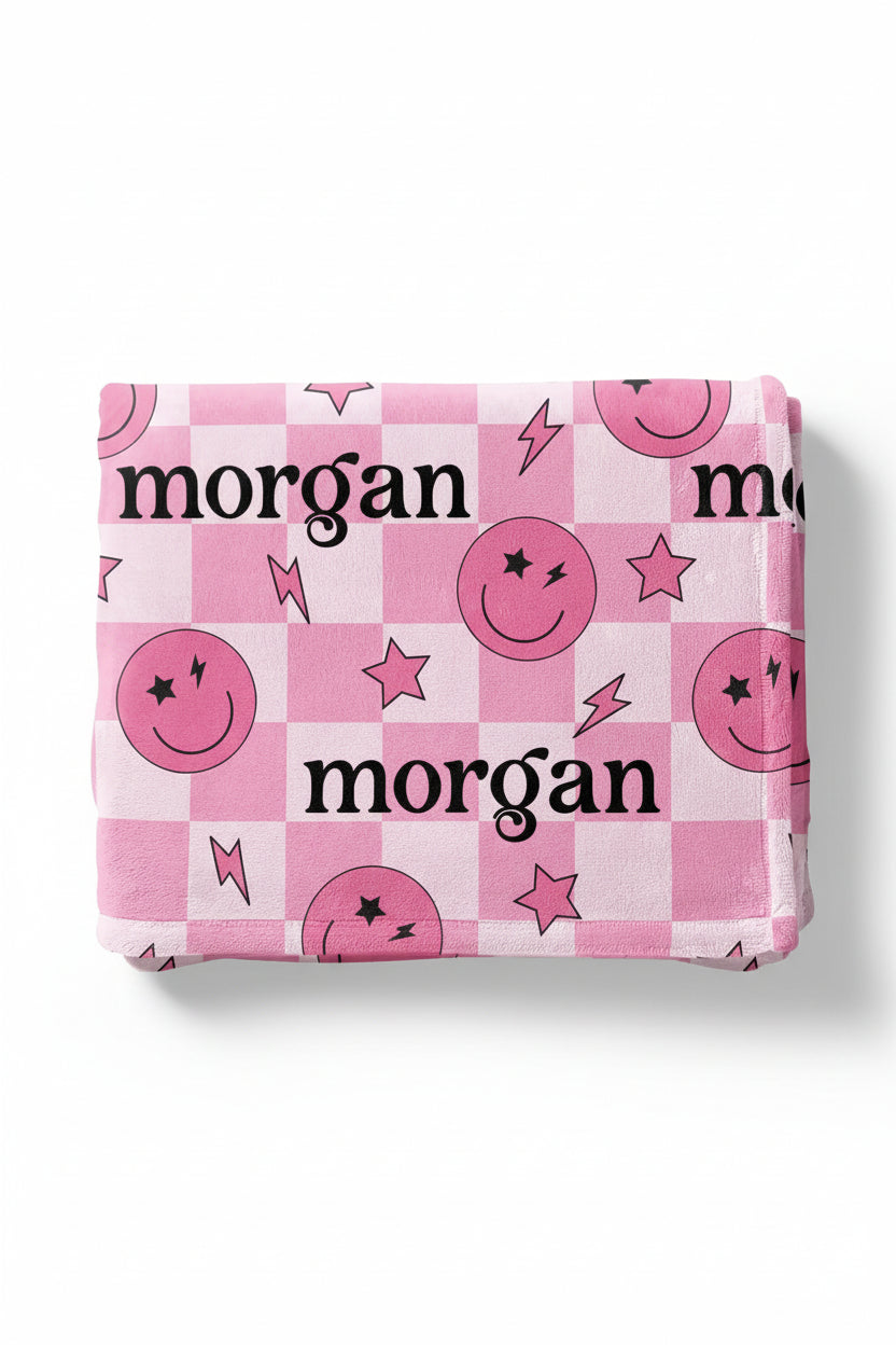 smiley face check personalized kids blanket pink 