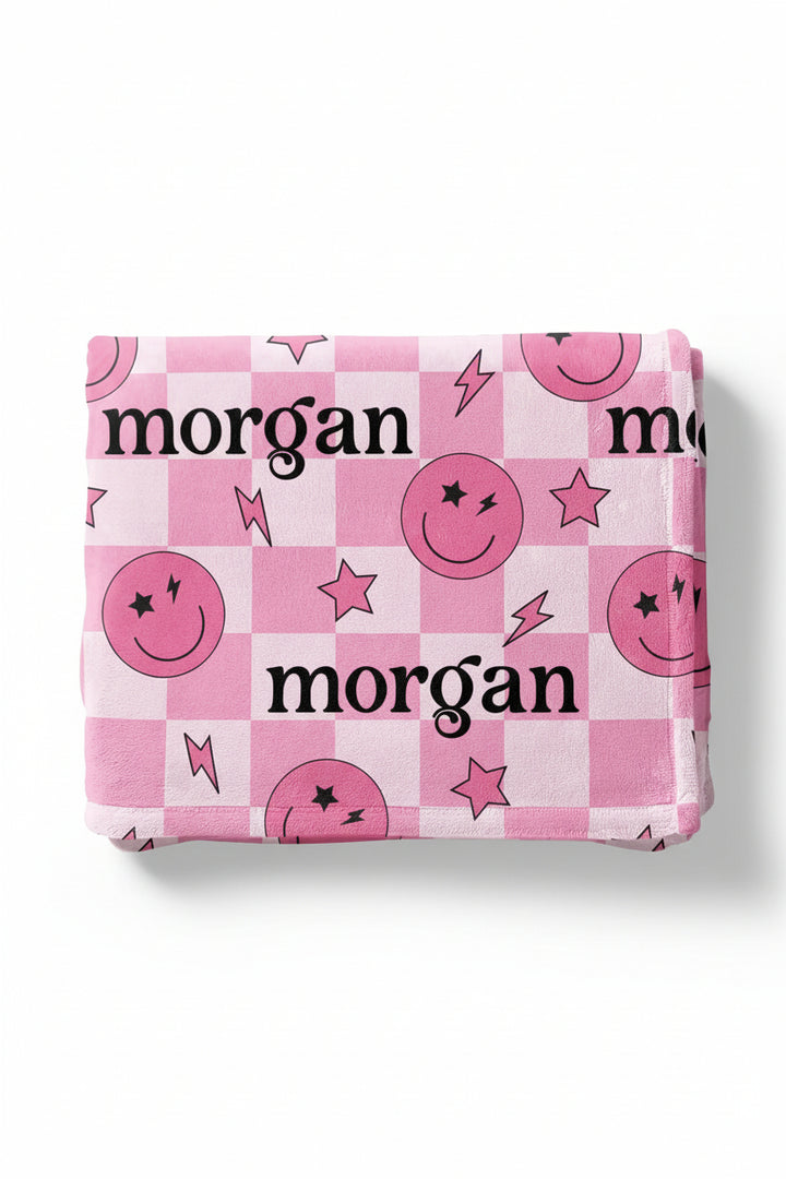 smiley face check personalized kids blanket pink 