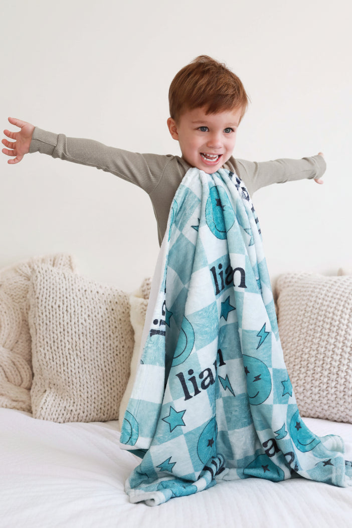 blue smiley check blanket personalized 