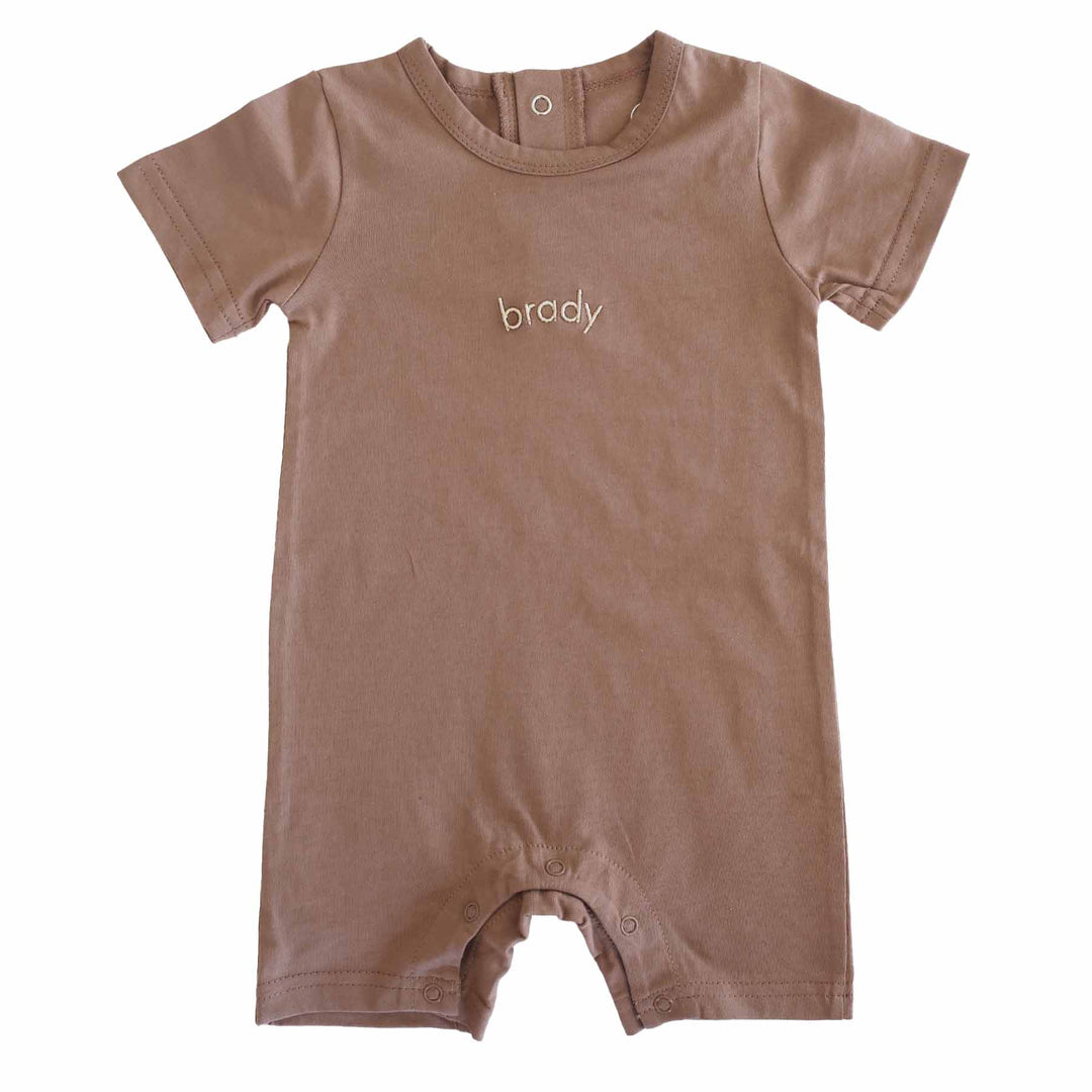 brown personalized snap romper for boys 
