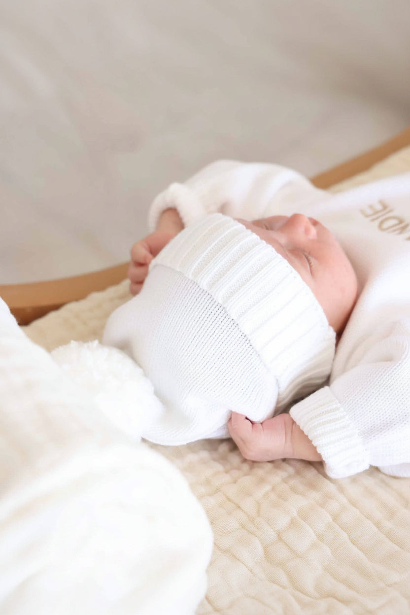 white pom pom knit beanie for babies 