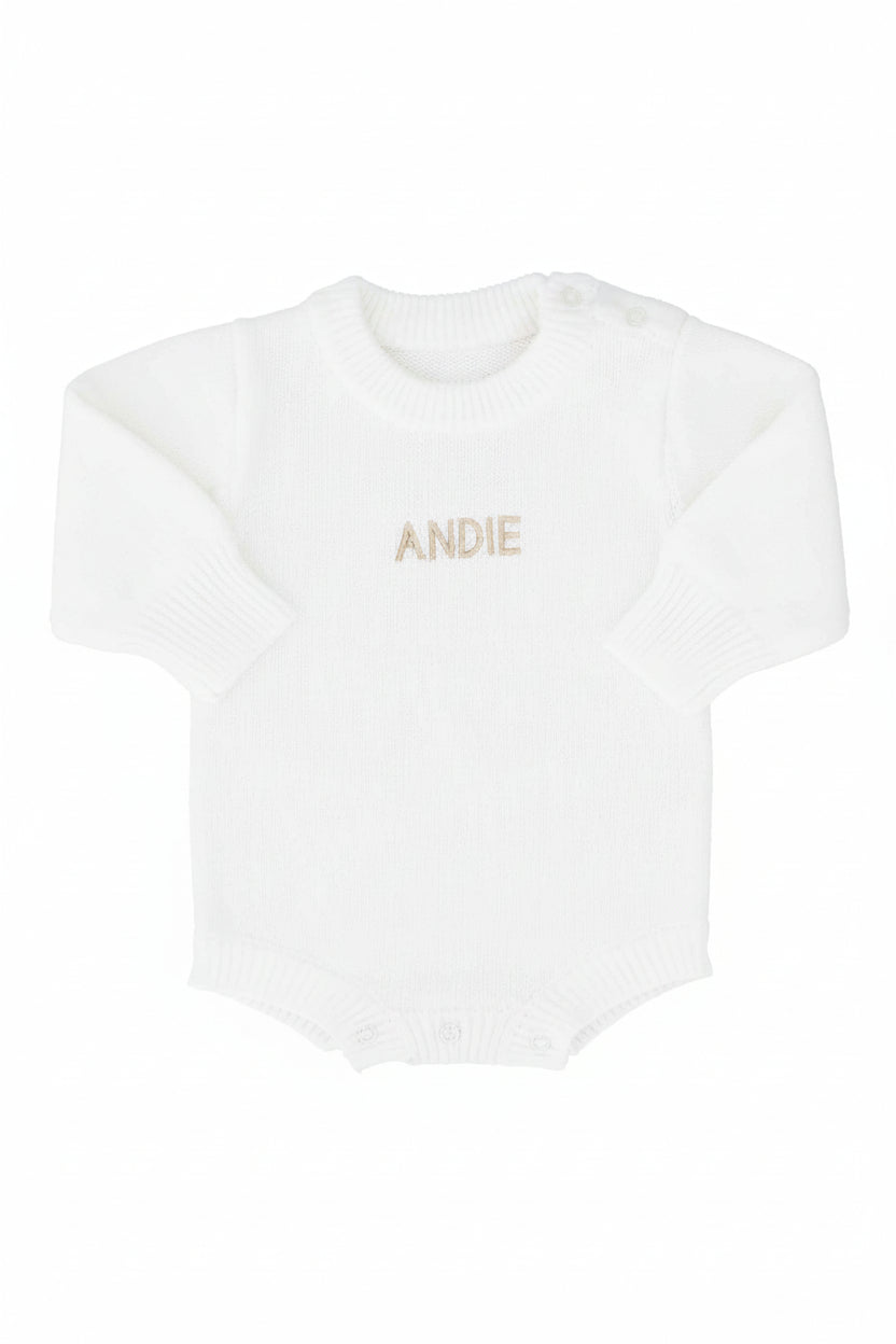 white embroidered long sleeve knit sweater romper for babies 