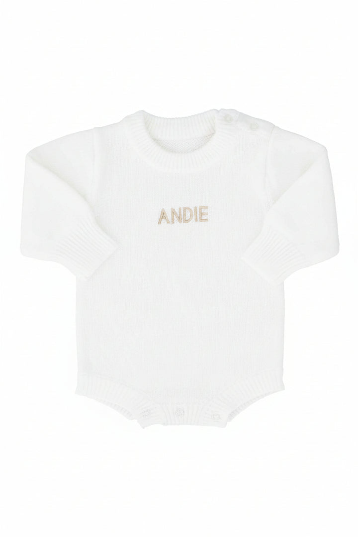 white embroidered long sleeve knit sweater romper for babies 