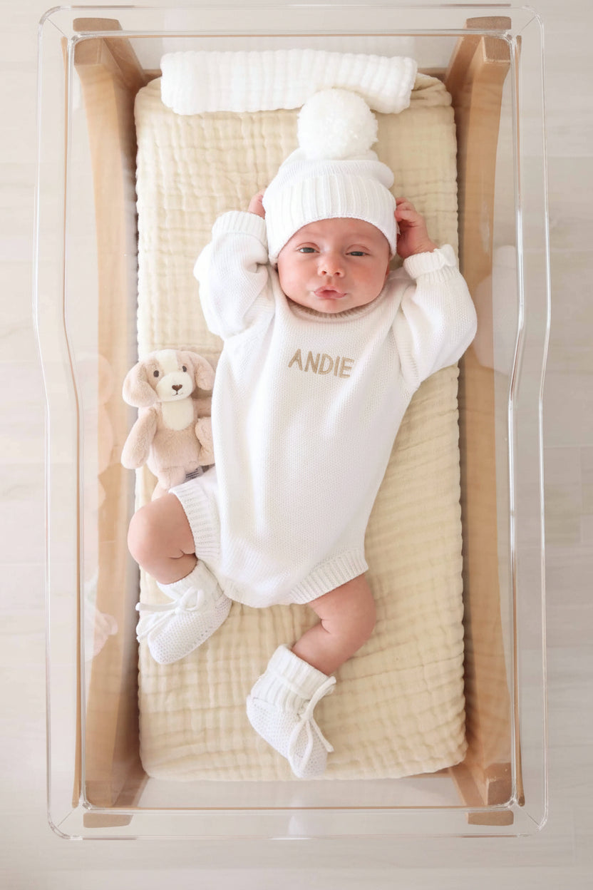 snow personalized knit sweater bubble romper set with matching beanie and booties