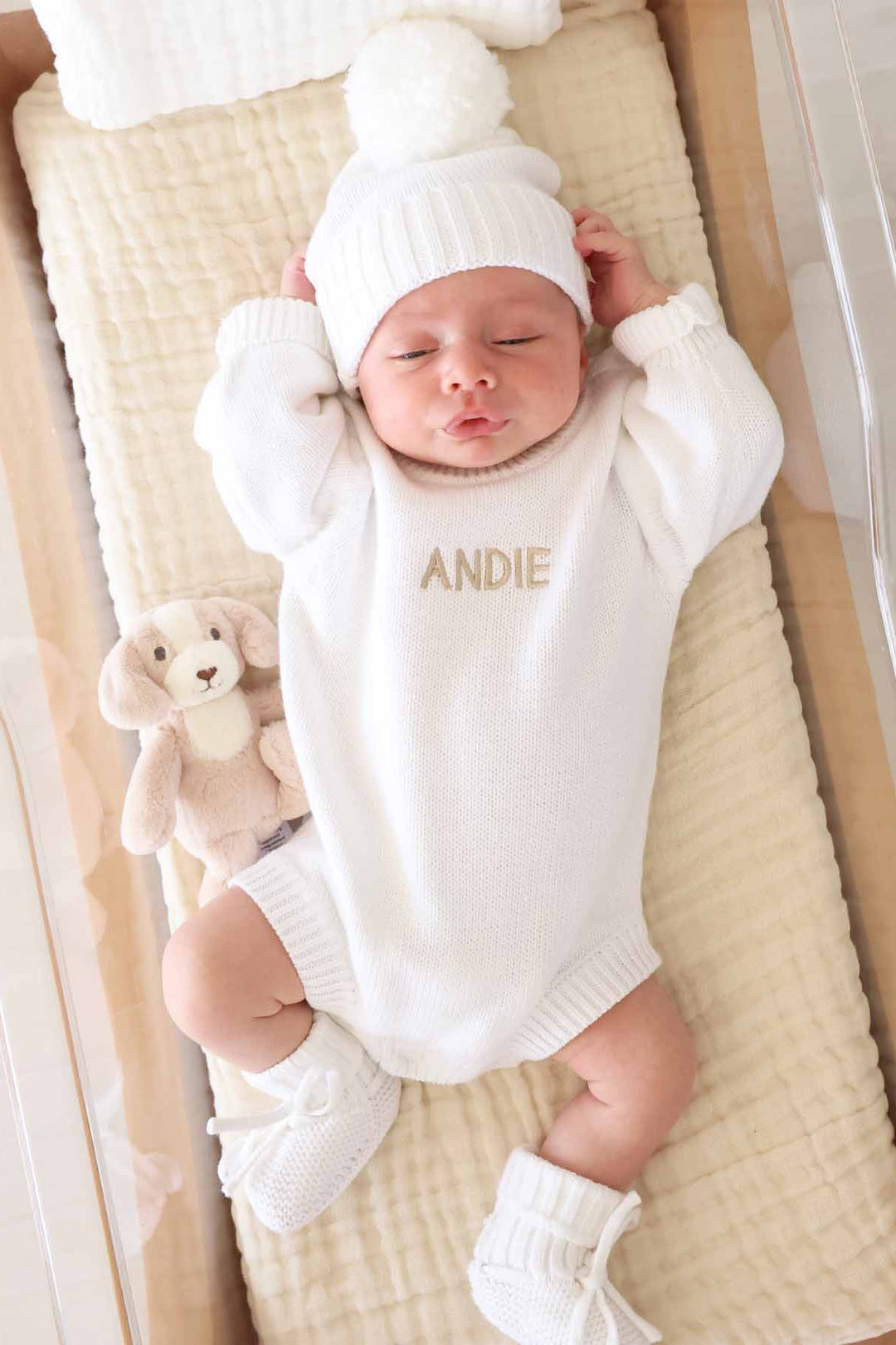personalized snow romper beanie and hat set 