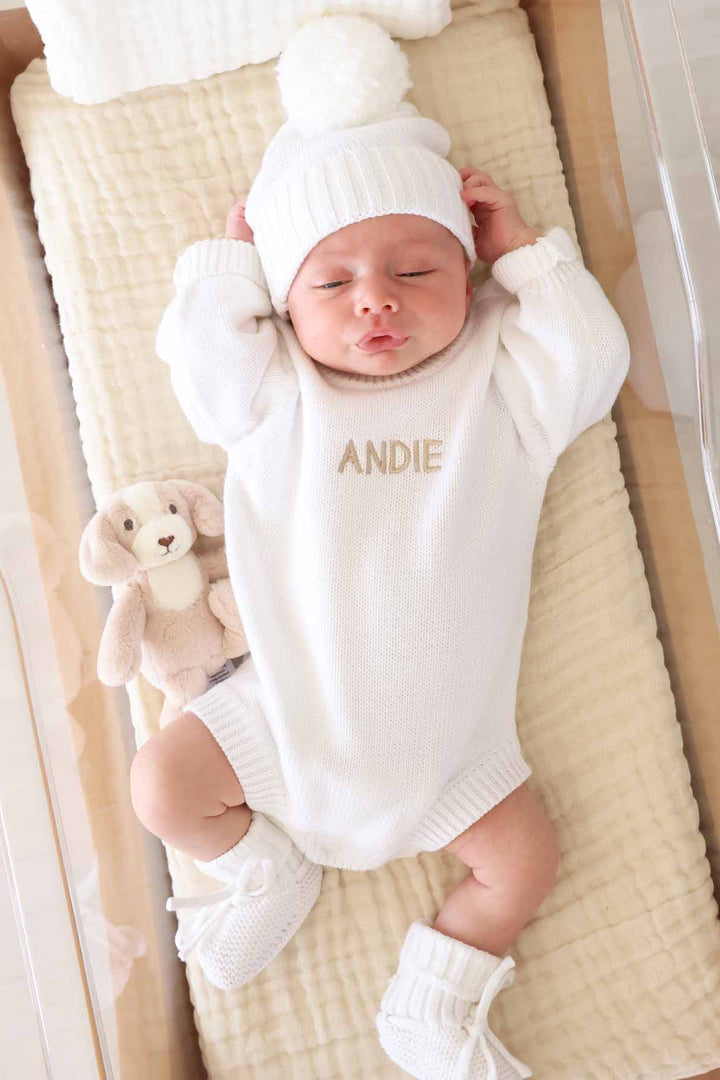 personalized snow romper beanie and hat set 