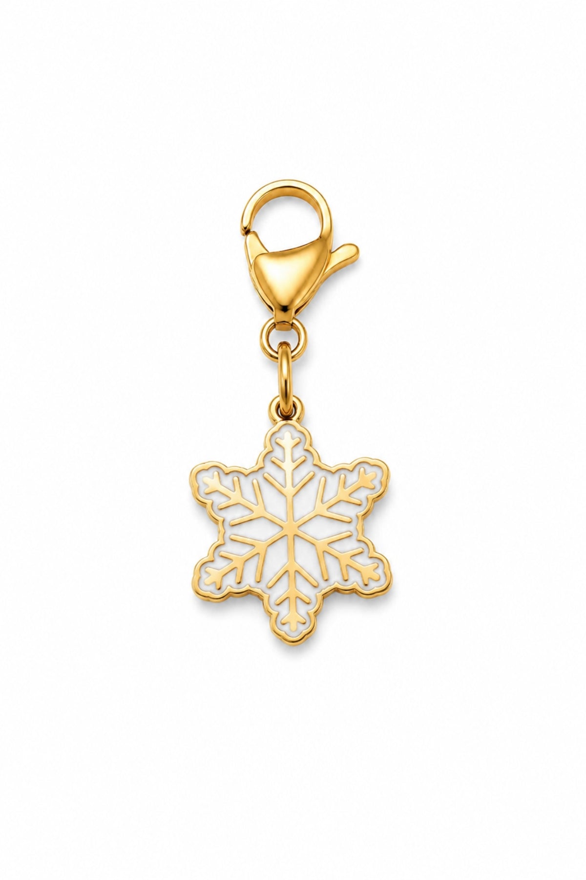 Lane & Leash snowflake charm collar accessory with gold ring with lobster clasp and white enamel snowflake charm with gold and red accents