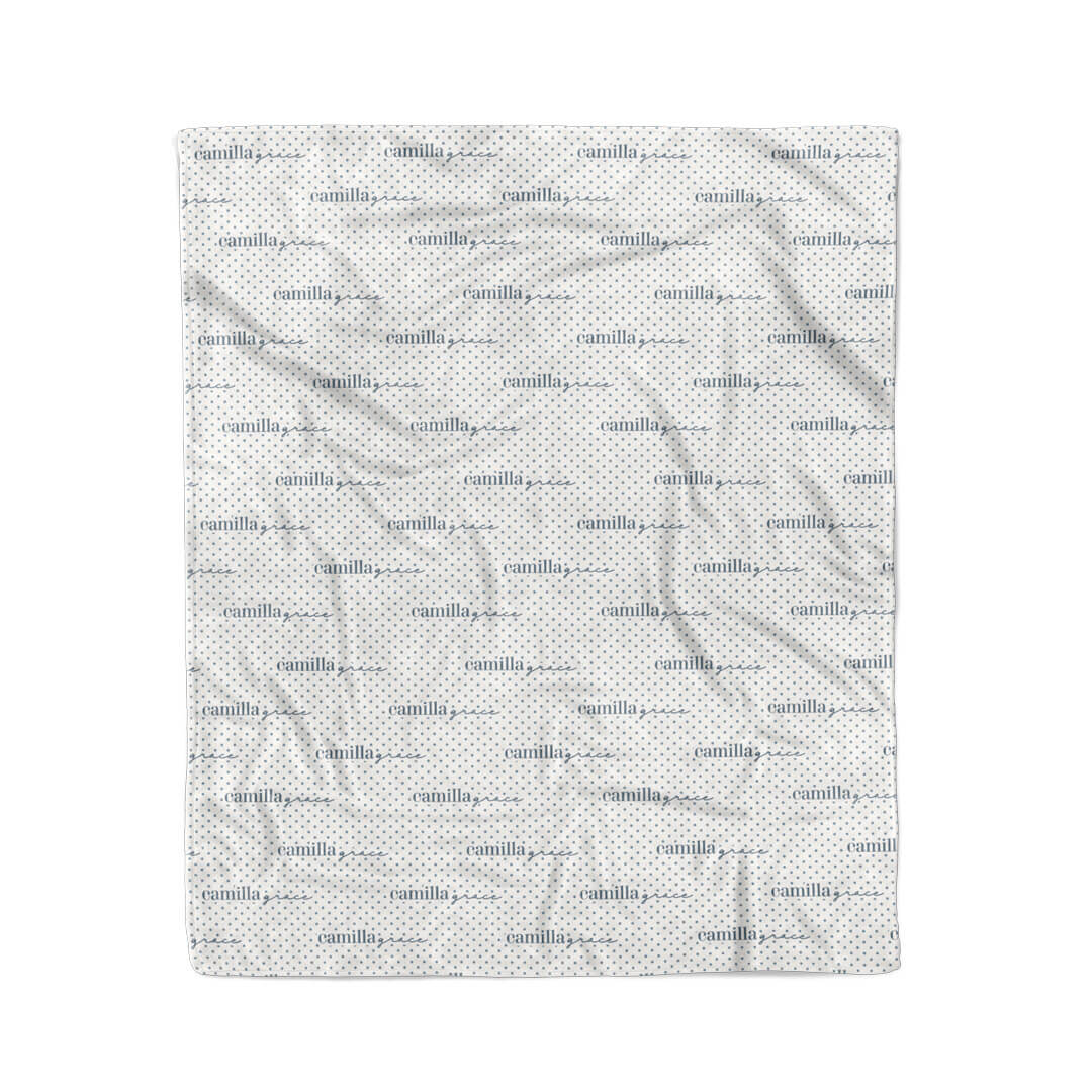 50 x 60 personalized blanket for kids white with dusty blue polka dots 
