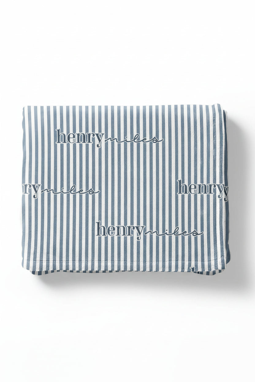 dusty blue and white stripe personalized blanket for kids in lowercase font 