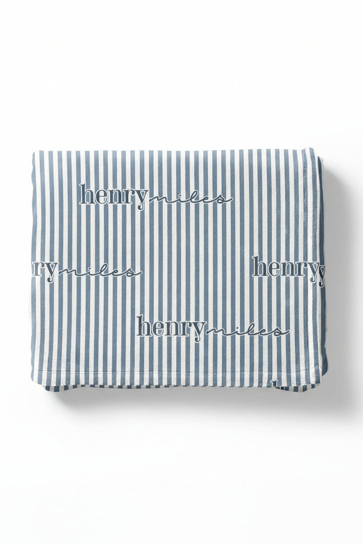 dusty blue and white stripe personalized blanket for kids in lowercase font 