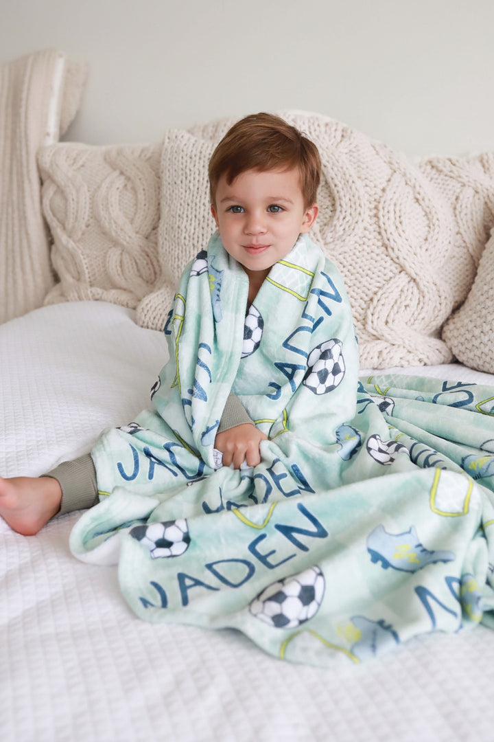 soccer star personalized kids blanket green