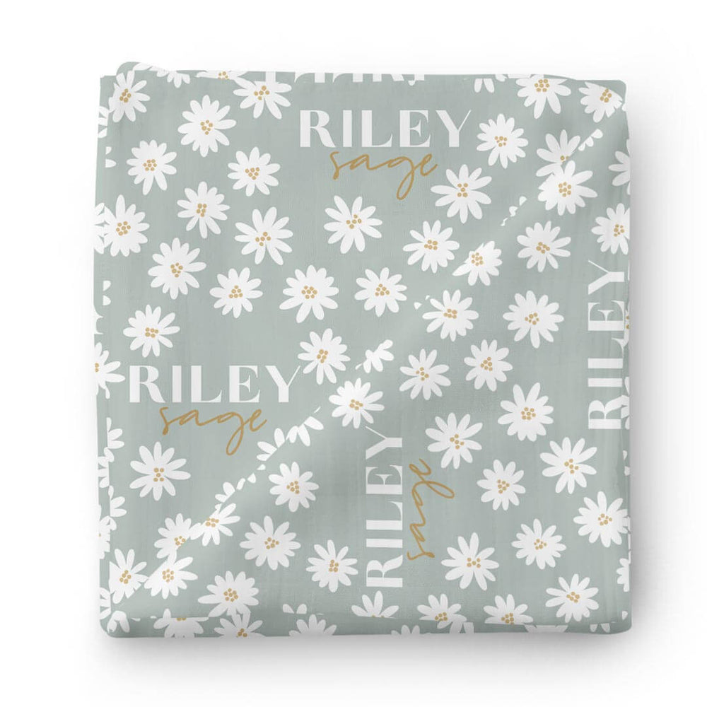 light green daisy personalized swaddle blanket 