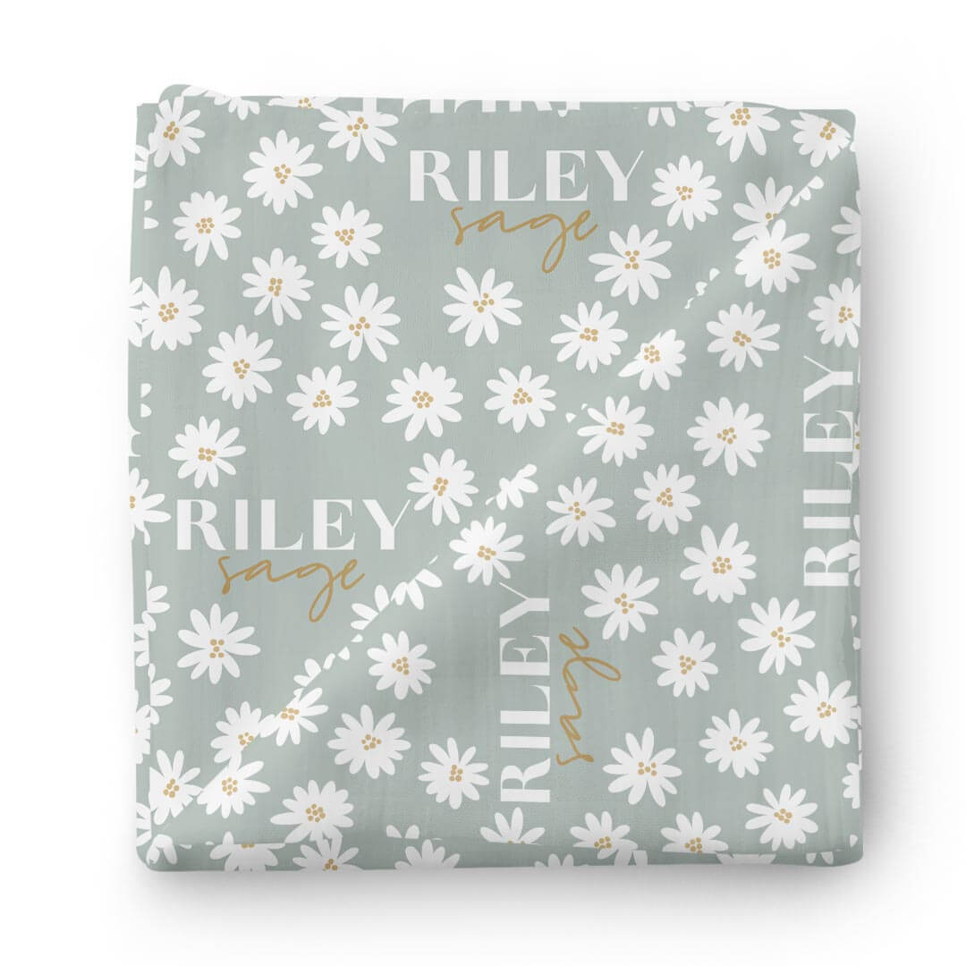 light green daisy personalized swaddle blanket 