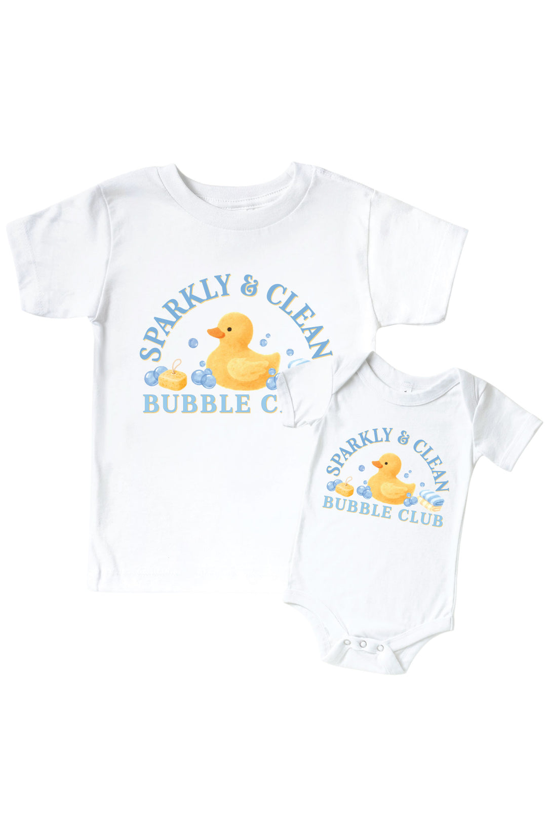 White kids tee and baby bodysuit with blue Sparkly and Clean Bubble Club graphic featuring yellow rubber duck with bubbles