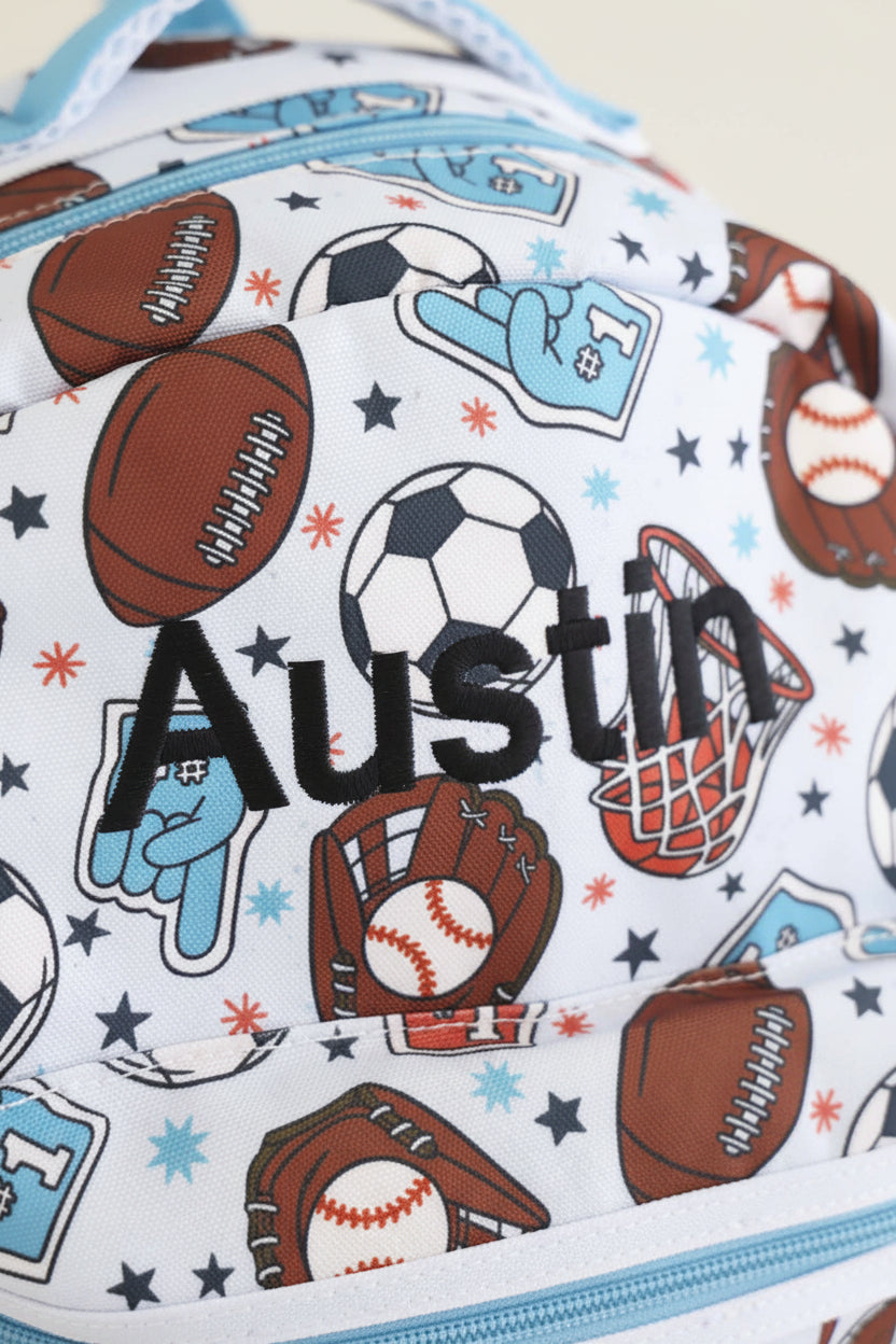 black thread embroidered name backpack for boys sports themed 