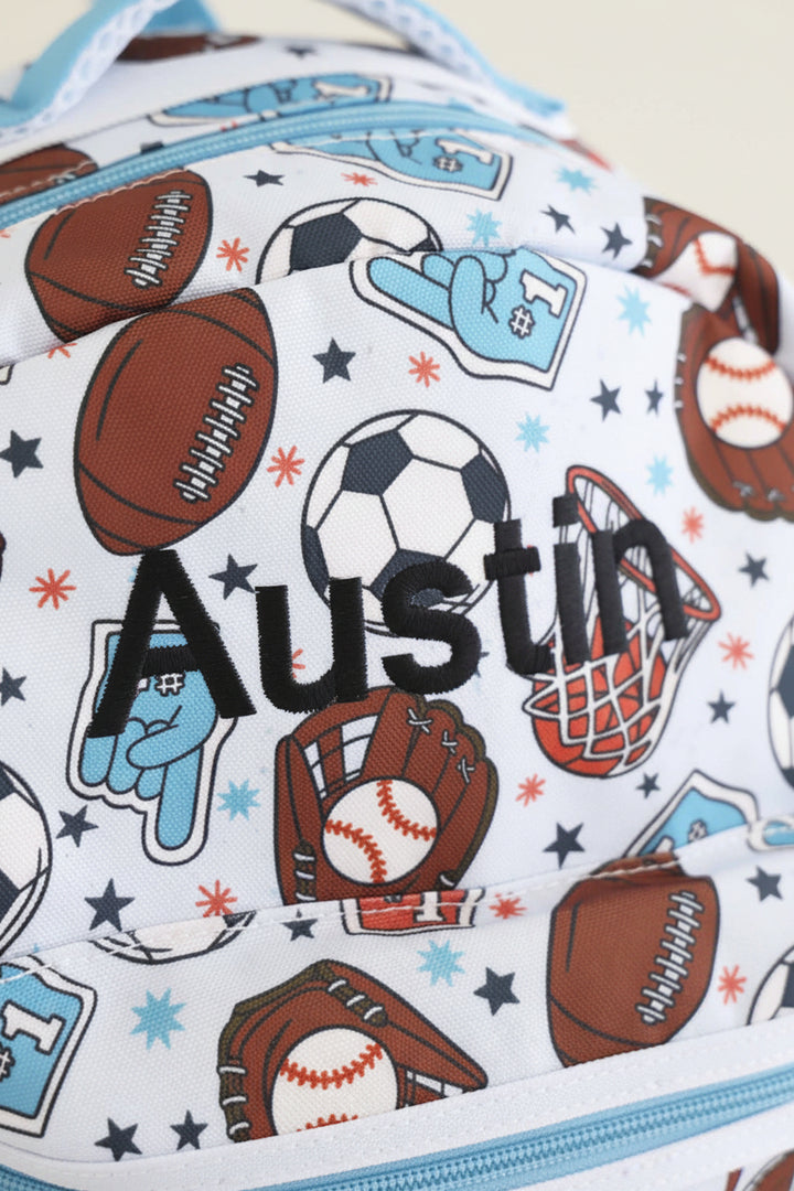 black thread embroidered name backpack for boys sports themed 