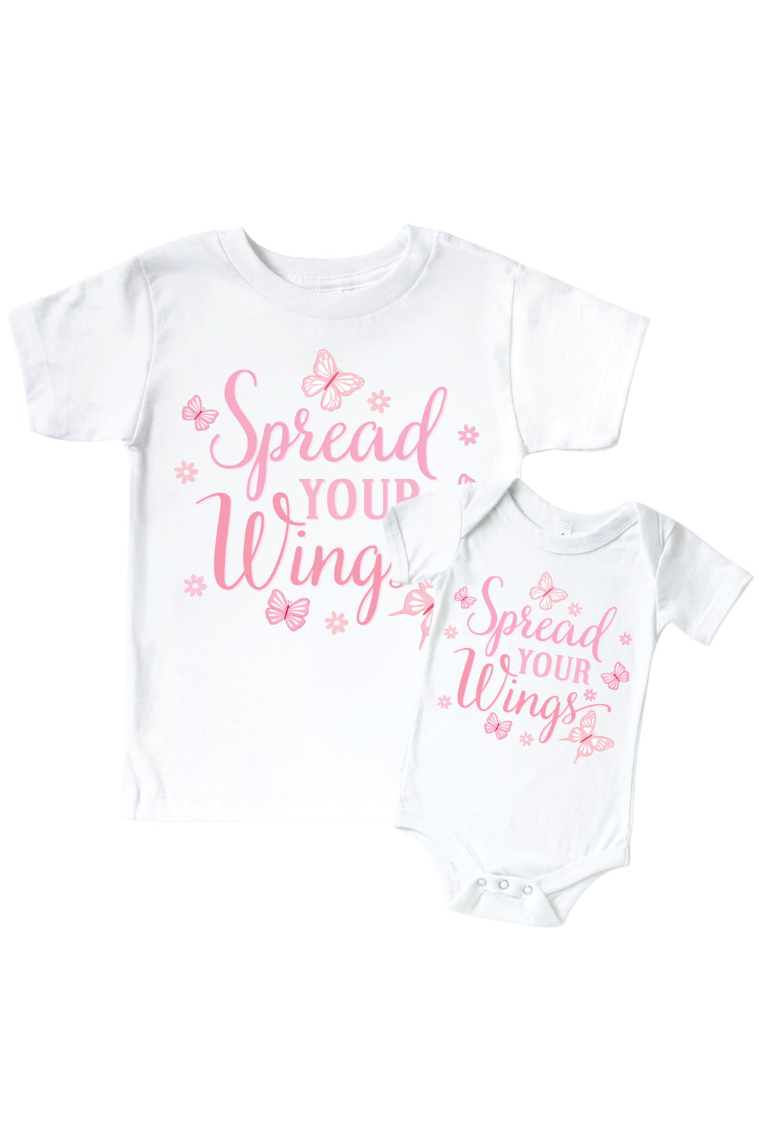 Spread Your Wings Graphic Bodysuit & Kids Tee in Blooming Butterflies print - white tee and baby bodysuit shown together, both featuring pink "Spread Your Wings" lettering with butterfly accents