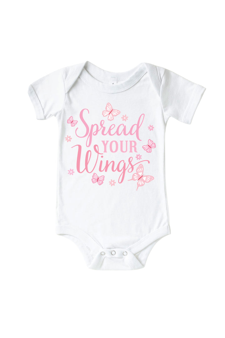 Spread Your Wings Graphic Bodysuit in Blooming Butterflies print - with pink "Spread Your Wings" script surrounded by scattered butterflies and floral elements