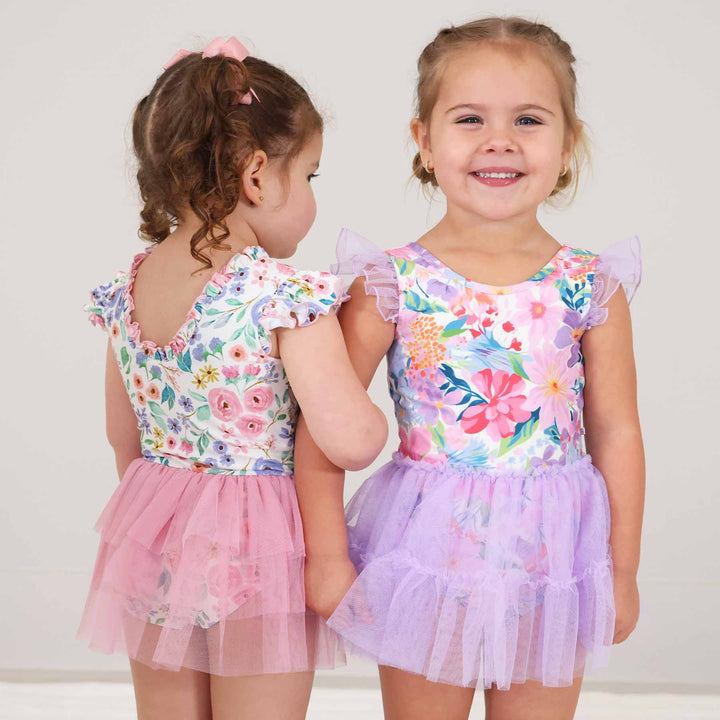girls wearing spring floral print ballet leotards