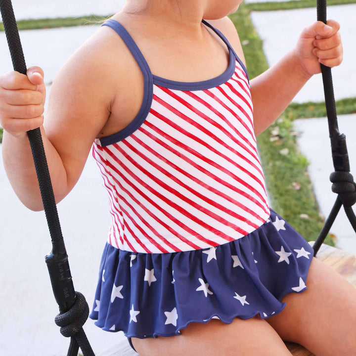 red, white and blue stars and stripes cross back tankini for girls 