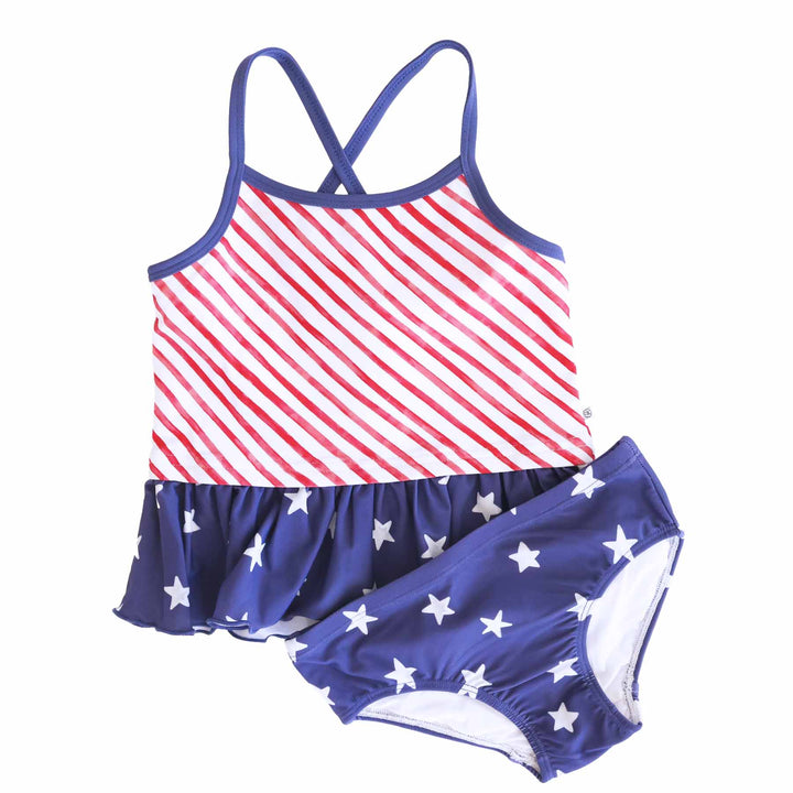 girls 2 piece tankini swimsuit red, white and blue stripes