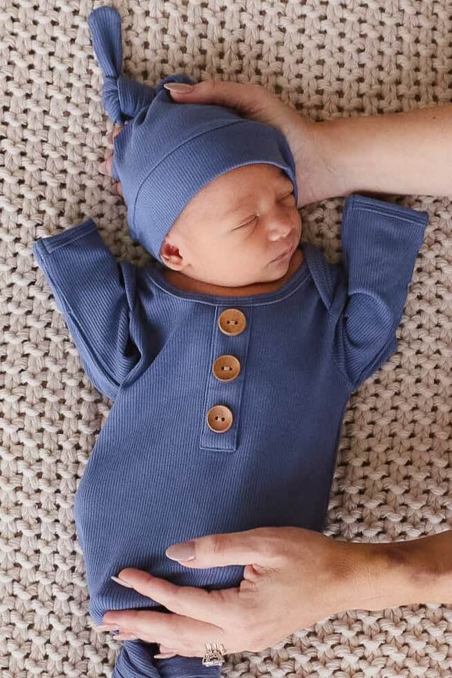 newborn knot gown and hat set steel blue