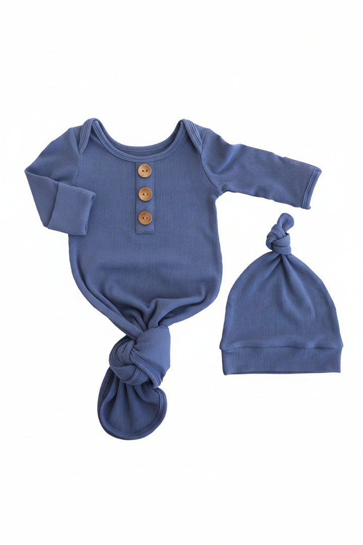 steel blue ribbed newborn knot gown 