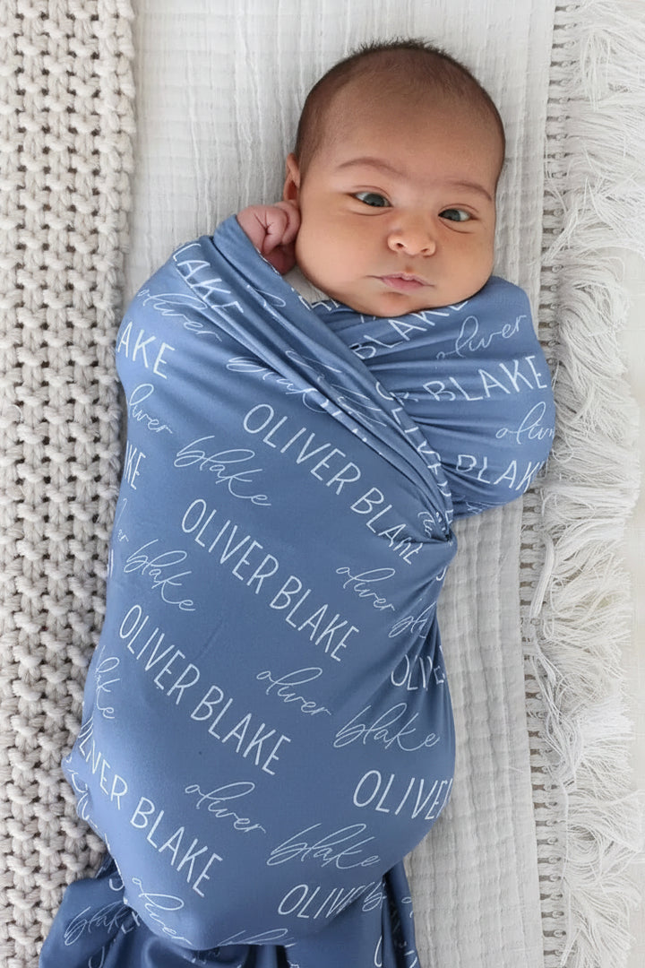 steel blue personalized baby name swaddle blanket 