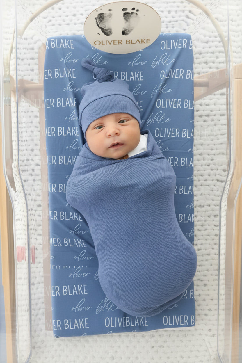 steel blue personalized baby name swaddle blanket block and script 
