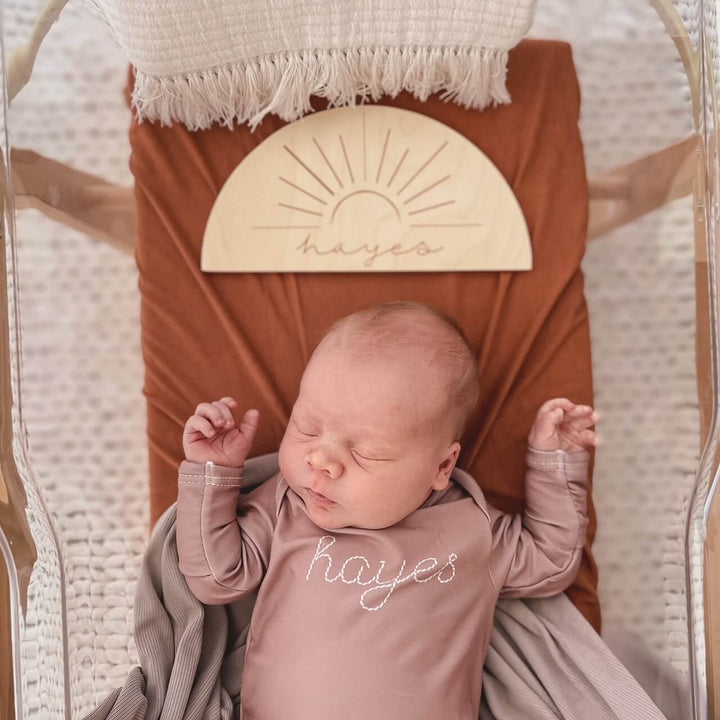 stitched name baby knot gown