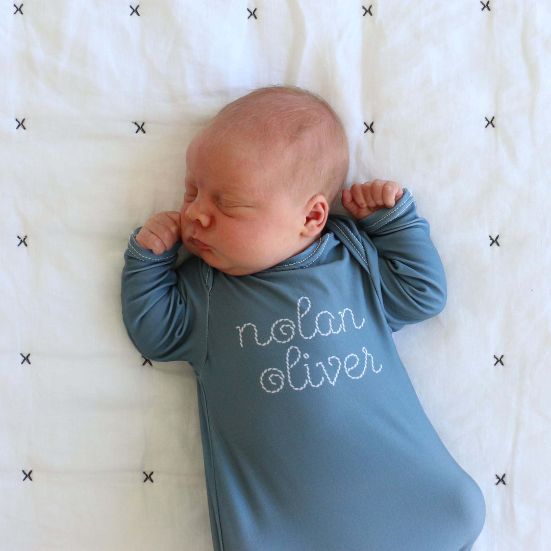 blue stitched knot gown for baby 