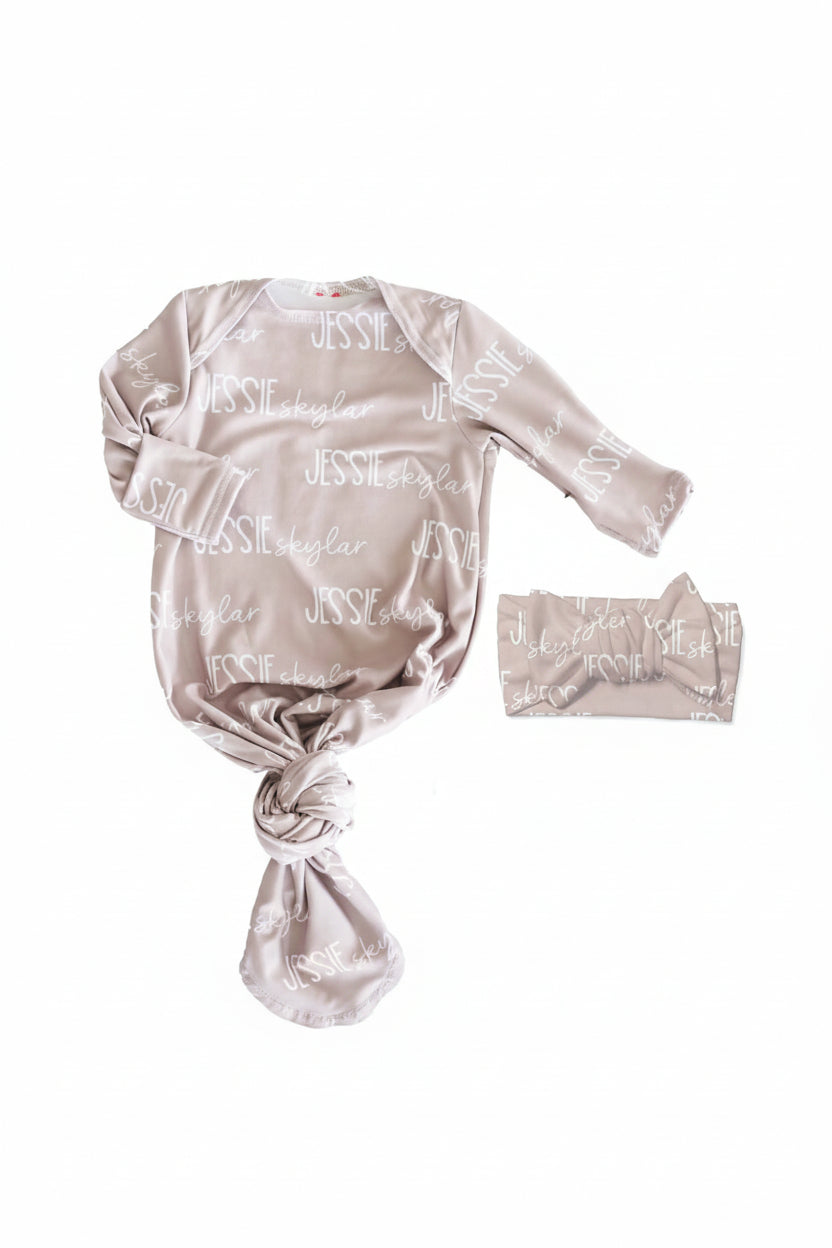 stone personalized knot gown and headwrap set