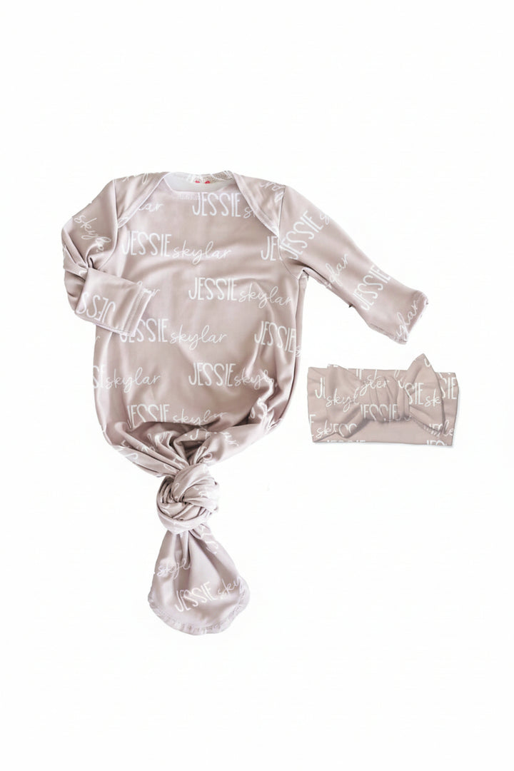 stone personalized knot gown and headwrap set