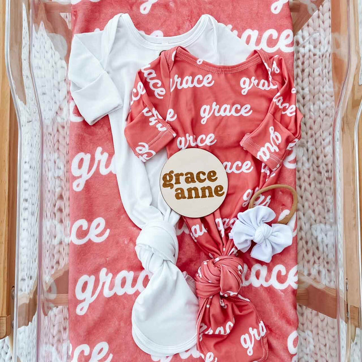 pink personalized newborn baby knot gown