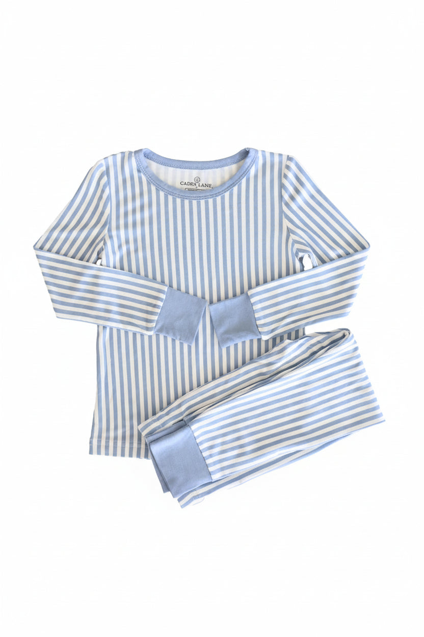boys bamboo viscose two piece pajama set with blue and white stripes