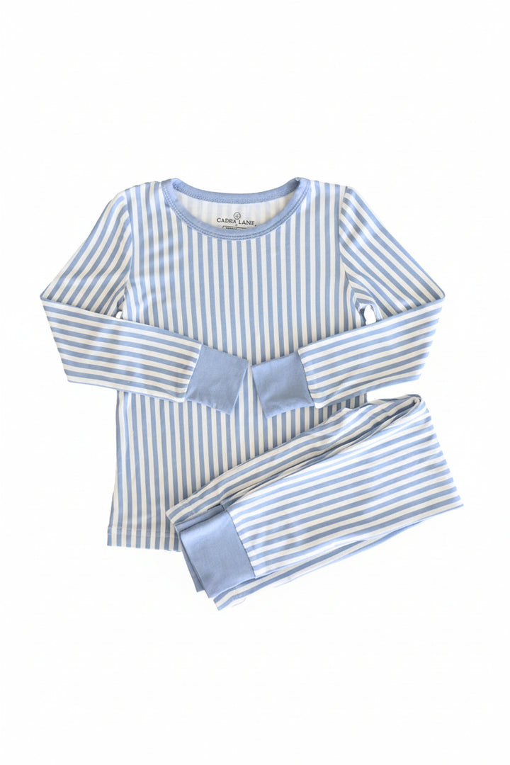 boys bamboo viscose two piece pajama set with blue and white stripes