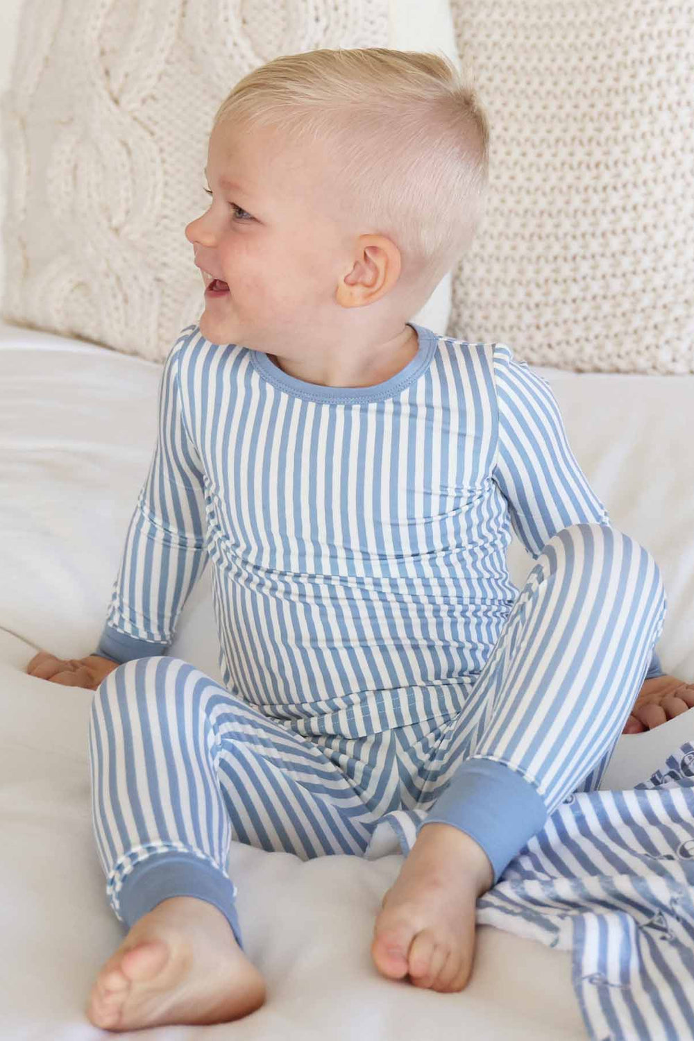 dusty blue and white stripe long sleeve two piece pajama set for boys 