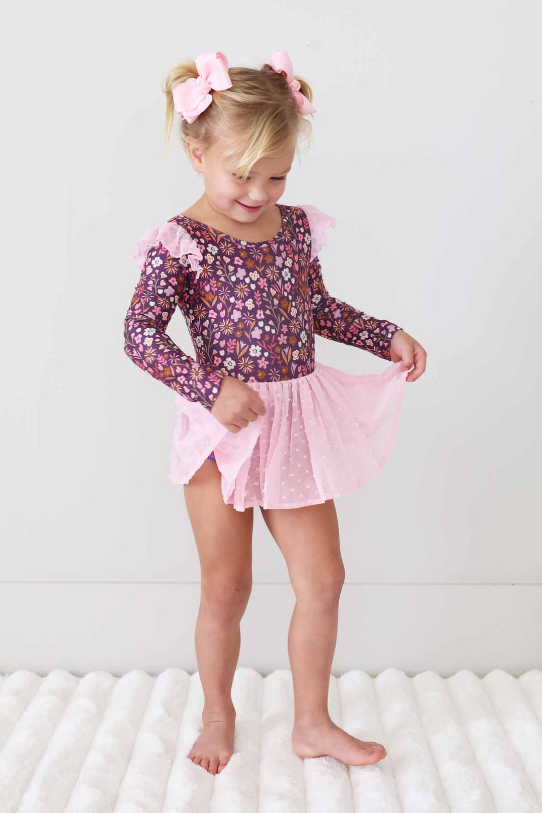 girls long sleeve floral leotard purple and pink 