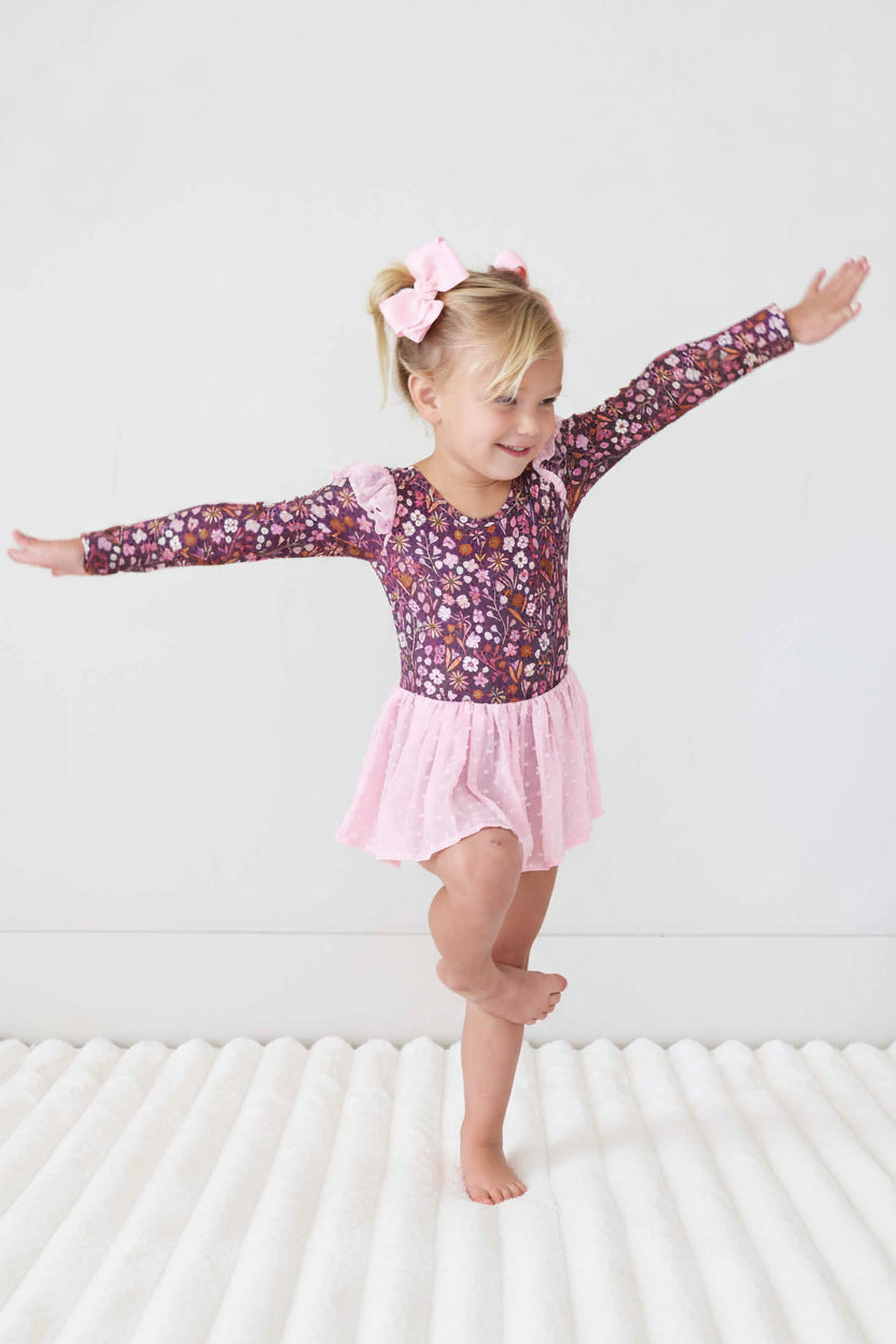 girls pink tulle skirt leotard with dots long sleeve plum with pink floral