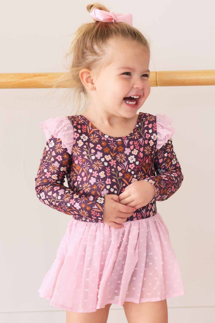 ruffle shoulder leotard for girls pink and purple floral