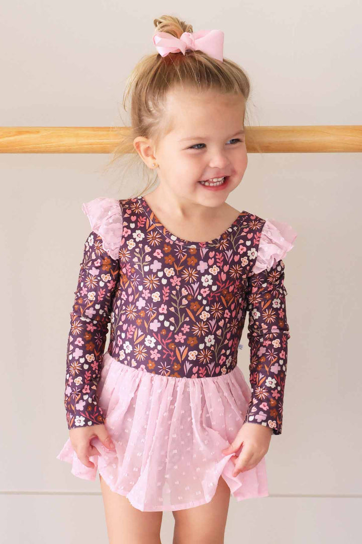 sugar plum girls leotard with long sleeves and ruffle shoulders