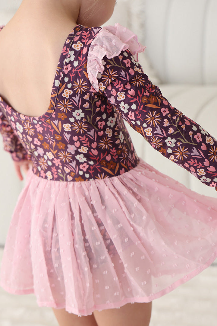 scoop back long sleeve leotard for girls with pink tulle skirt 