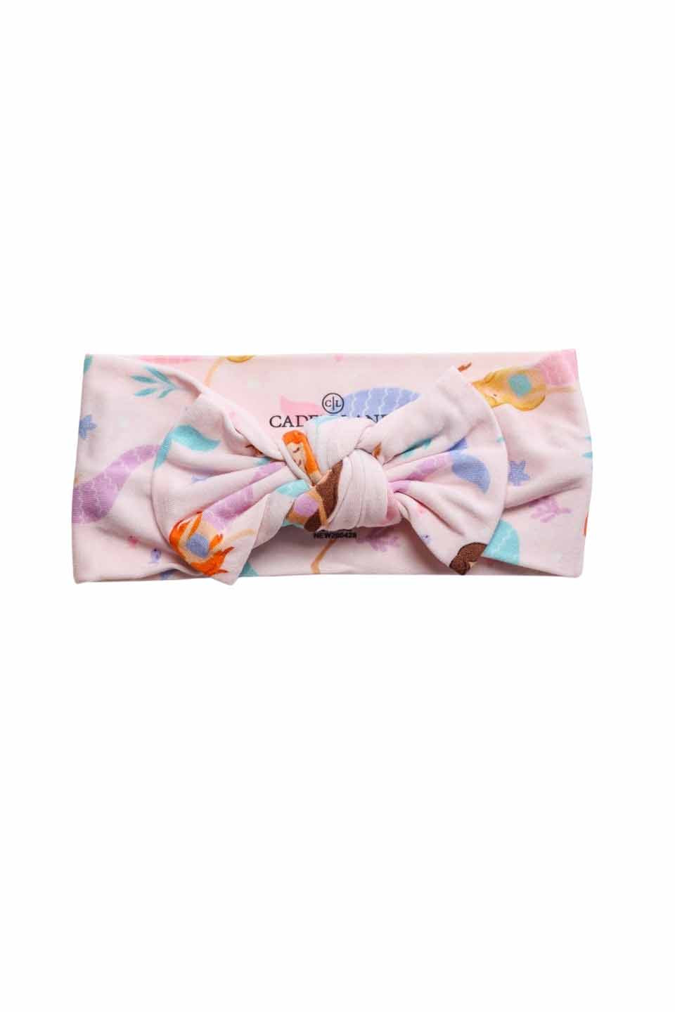 let's be mermaids knit large bow headwrap for babies with mermaid print