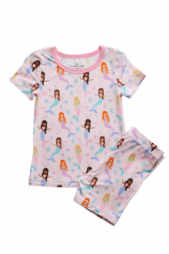 mermaids print bamboo short pajama set - top and shorts, back view