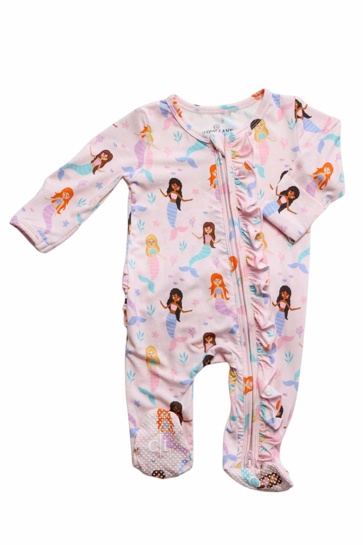 mermaids print bamboo ruffle footie, back view showing zipper and ruffle detail