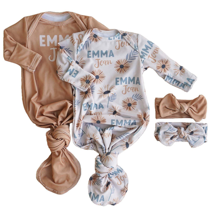 sunday's daisy personalized newborn baby knot gown